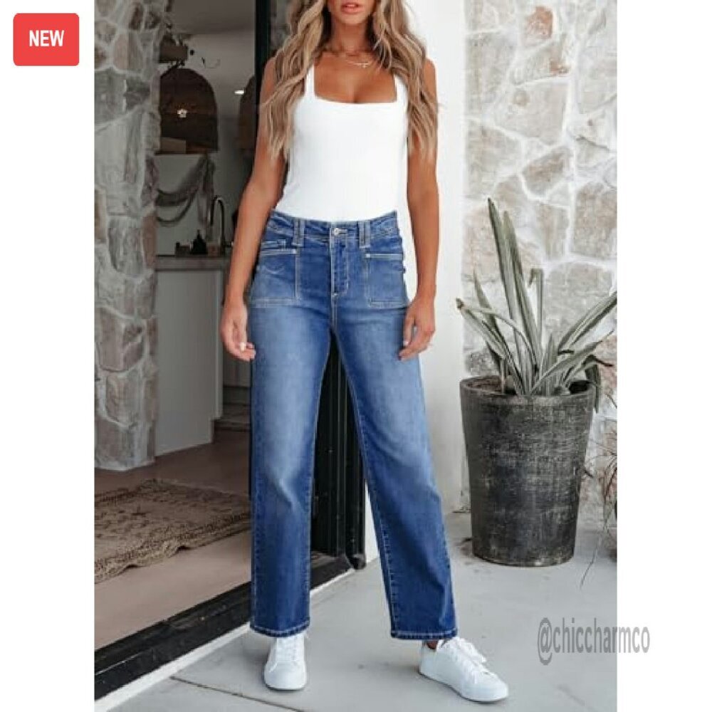 High Waisted Wide Leg Stretchy Denim Jeans Women's Buttoned Pants - Picture 7 of 8